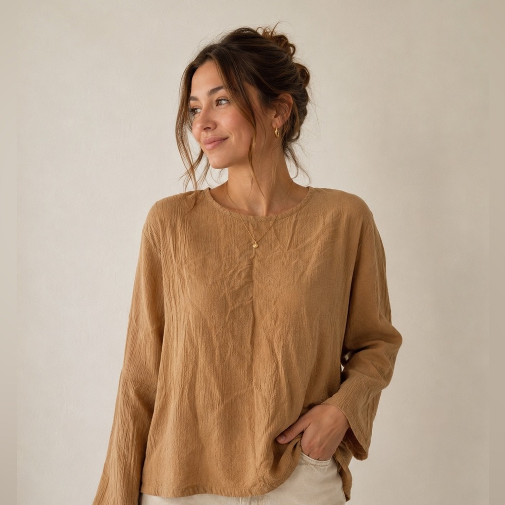 Flax Long Sleeve Cotton Top in Camel Brown